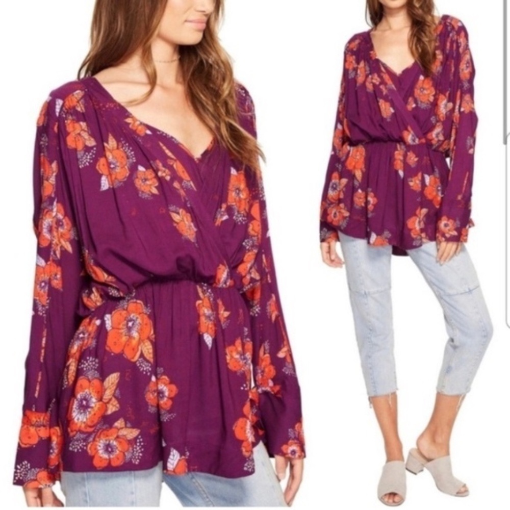 Free People Tuscan Dreams Purple Floral Long Sleeve Tunic Blouse Top
